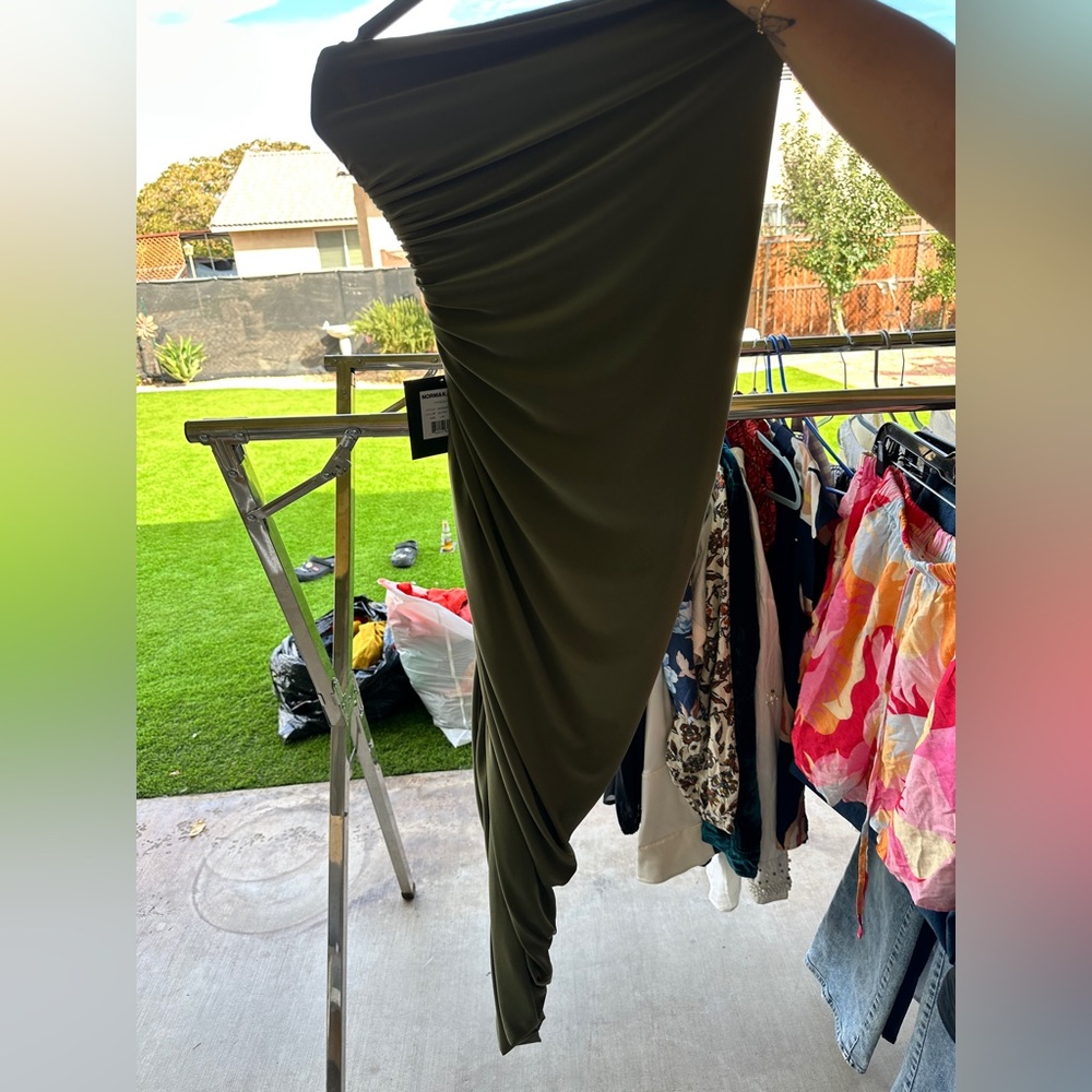 Norma Kamali Military Green Strapless Gown